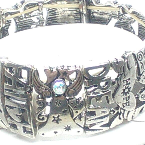 Silver-tone Inspiration Stretch Bracelet Cutouts Crystals Wish Love Peace Bless - Picture 6 of 6